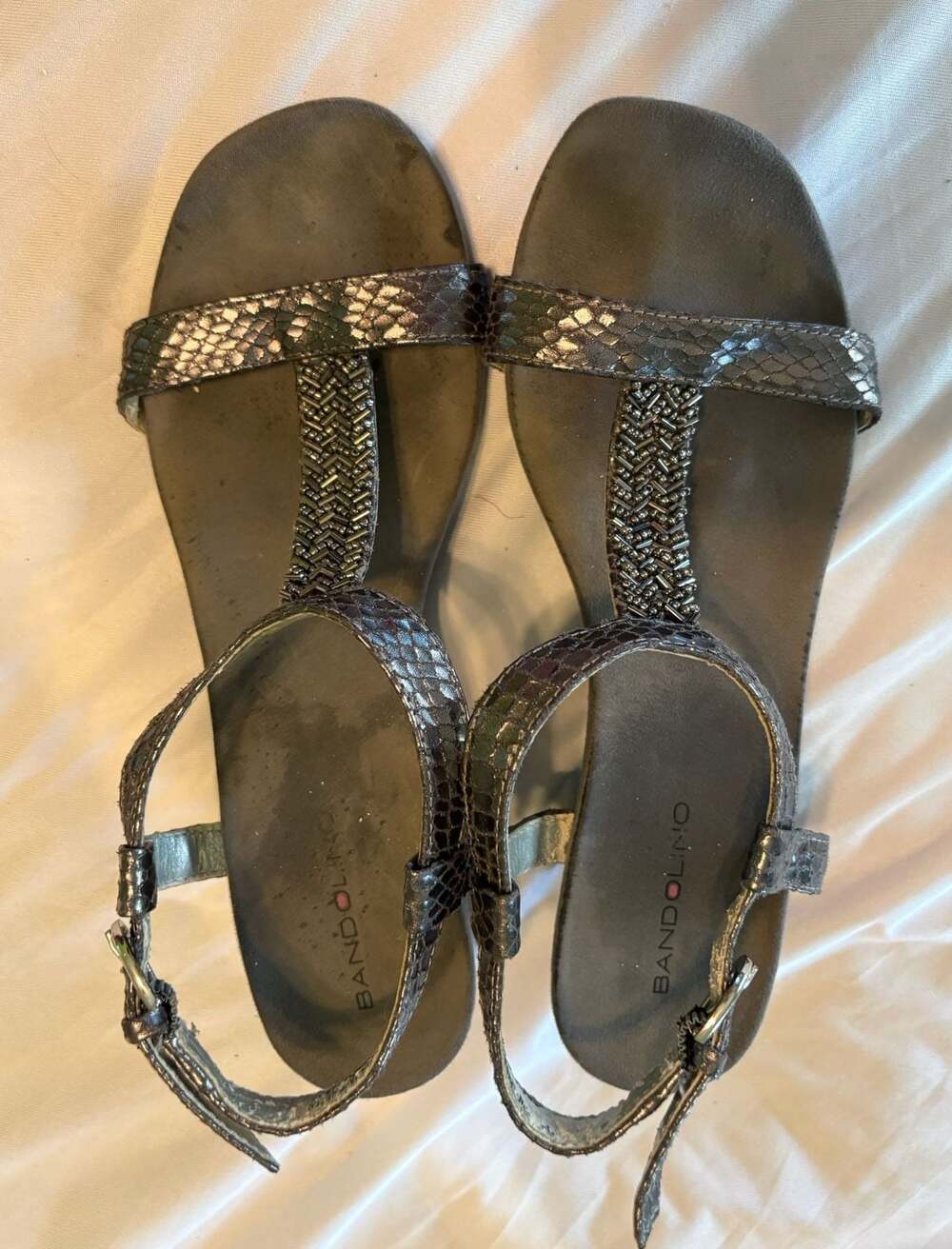 Preowned Bandolino T-Strap Wedge Sandals w/ Snakeskin Print & Beaded Detail, 7